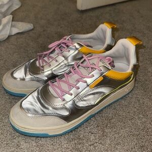 Silver Sneakers with Pink Laces and Yellow Accents